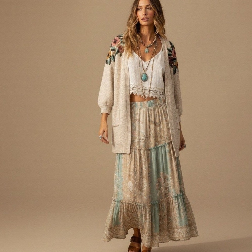 Boundless North Beige Floral Embroidered Knit Cardigan Sweater Women's‎ Large